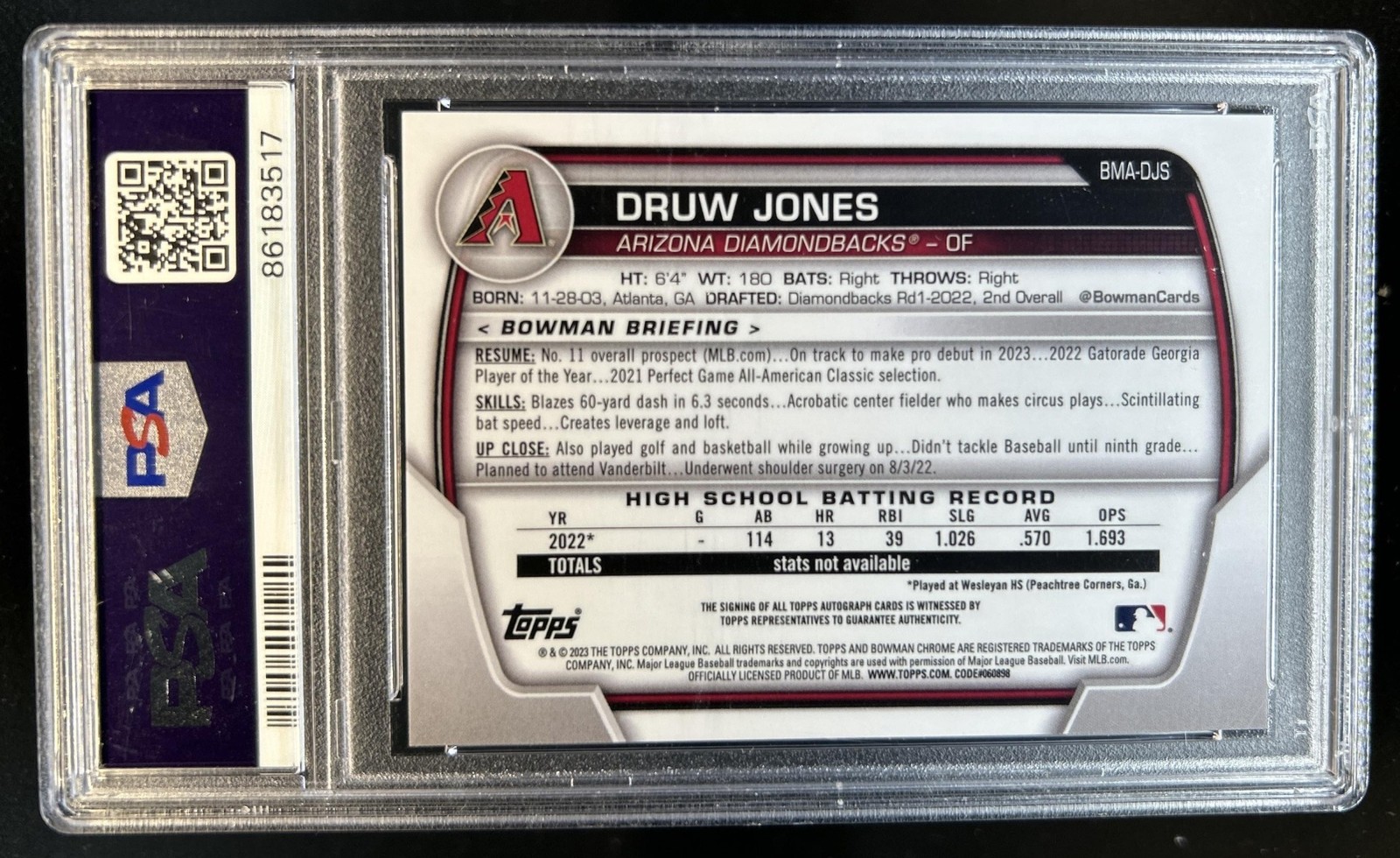 2023 Bowman Mega Box Druw Jones Chrome Prospects Auto Green Refractor /99 PSA 10 view 2
