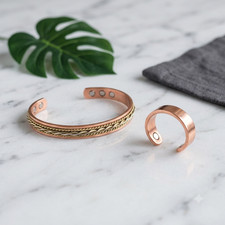 Pure Copper Magnetic Bracelet Ring Set Arthritis Pain Therapy Cuff Ring Chain