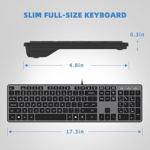 Ultra-Slim Wired USB Keyboard with 105 Silent Keys for Comfortable Typing - Gray - Afbeelding 7 van 9