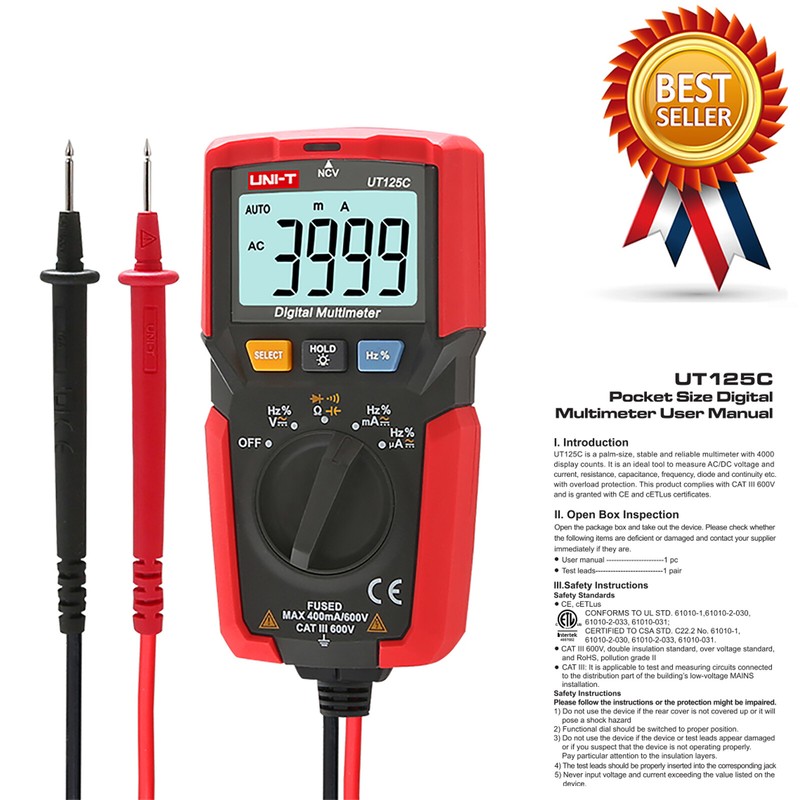 UNI-T UT125C Handheld Auto Range AC/DC Voltage Tester OHM AMP Digital Multime✦Kd