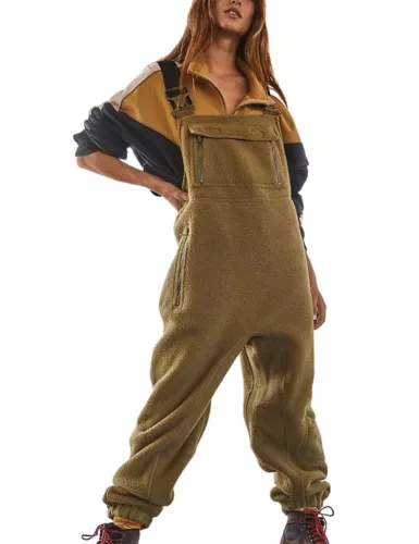Women Fuzzy Fleece Overall Jumpsuits Casual Loose Fit Winter Sherpa Bib Overalls - Picture 13 of 24