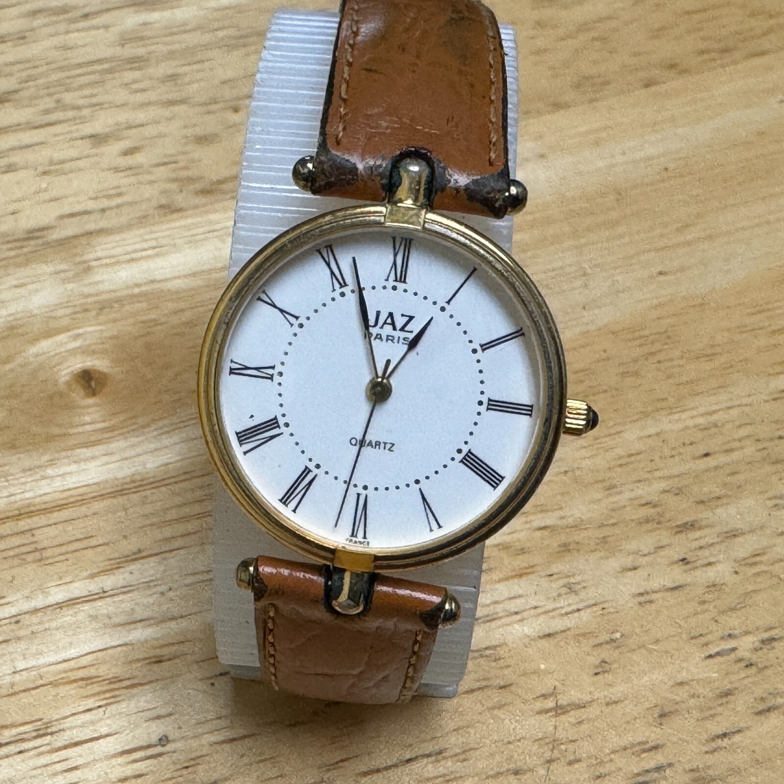Vintage Jaz Paris Quartz Watch Unisex Gold Tone Roman Leather Analog