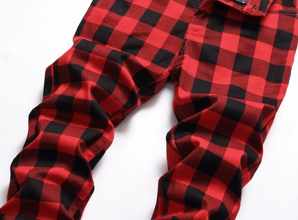 Мужская красный черный клетку хлопок смесь прямые штанины тонкий брюки брюки эластичной новый - Изображение 4 из 4