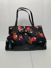 Kate Spade Black Floral Print Bow Tie Fabric/Patent Leather Combo Purse Bag 