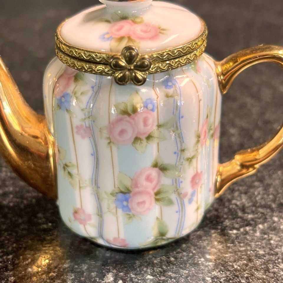 Floral Rose Teapot Hinged Trinket Box Blue Pink Flower Gold Limoges