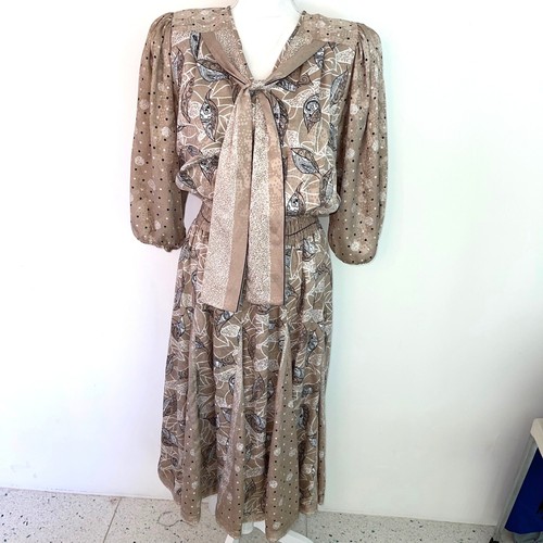 Diane Freis Dress Vintage Womens Beige Elastic Waist Polyester Georgette Scarf - Picture 12 of 12
