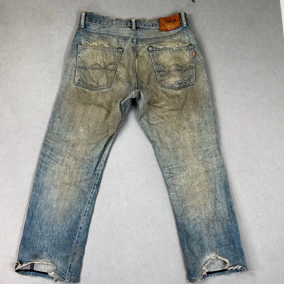 Pantalones de mezclilla Edwin para hombre 34x30 ribete japonés lavado sucio aplastados desgastados Foto 3 de 4