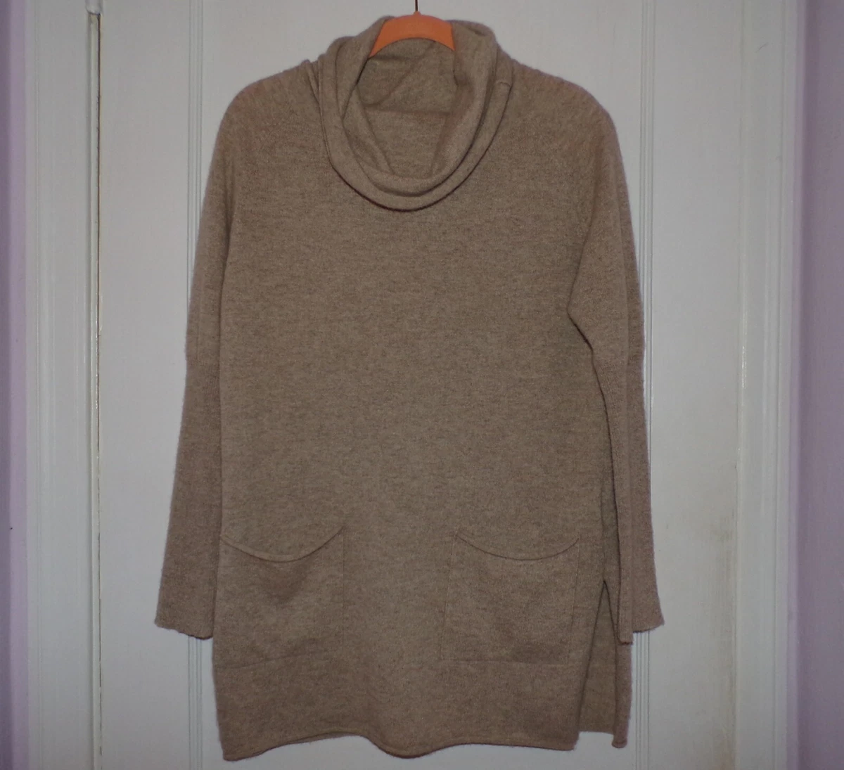 BRODIE 100% Cashmere BEIGE Cowl Neck Tunic SWEATER With Pockets S