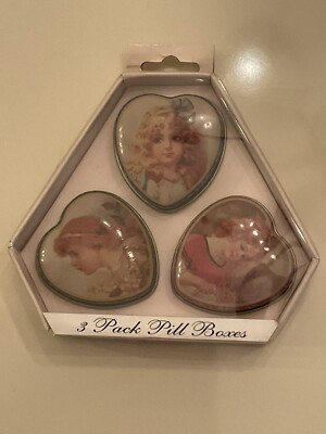3 Pack Pill boxes Repro Victorian Girls Heart Shaped Tin