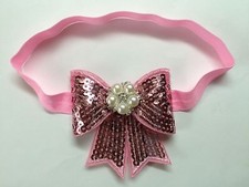 Cute   Pink Baby Girl Elastic Headband Hair Bow W/pearl rhinestone.