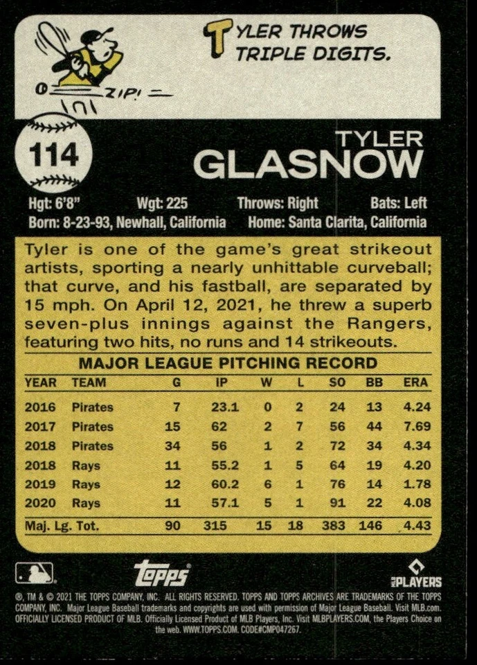 2021 Topps Archives Tyler Glasnow Tampa Bay Rays #114 - Image 2 of 2