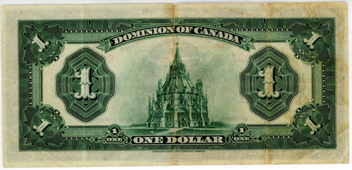 1923 Dominion of Canada $1 Banknote, Green Seal - DC-25j, S/N: C2201637/A - Foto 2 di 3