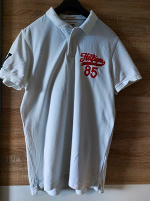 Hilfiger Denim Herren Polo L Weiß 100% Baumwolle Pikee Kurzarm Logo bestickt