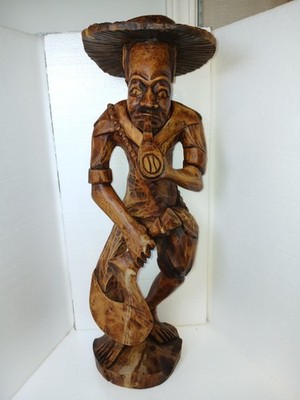 Vtg Hand Carved Wood Statue Man Smoking Pipe Straw Sun Hat Bandolier Figure 22''