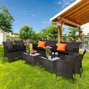 8PCS Patio Rattan Conversation Furniture Set Outdoor w/ Black Cushion