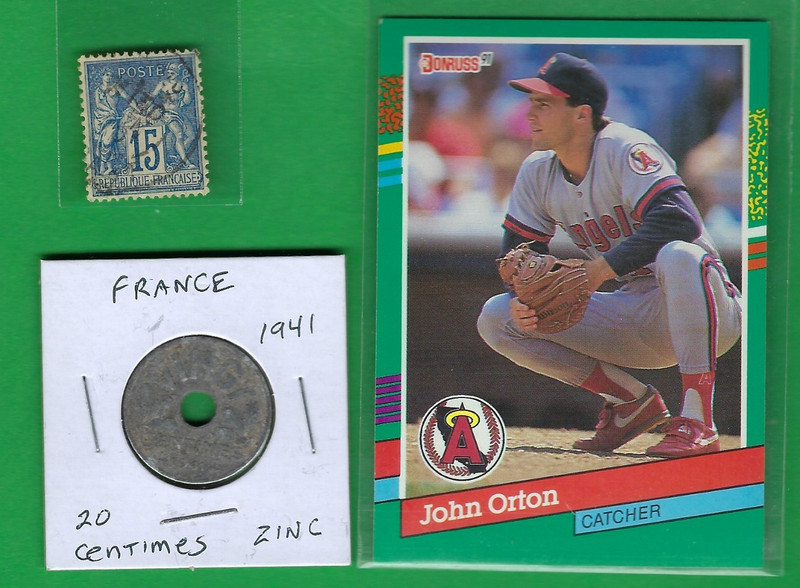 FRANCE 20 CENTIMES 1941 COIN (FINE) & STAMP ~ LOT # 139 (*-*) + SPORTS CARD