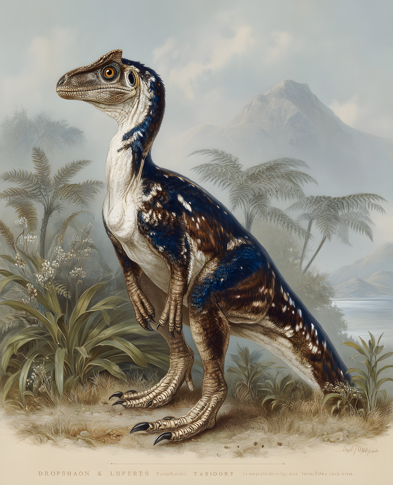 Impresión azul oscuro Dilophosaurus de Mountain Lake and Tree Helens - 797295065