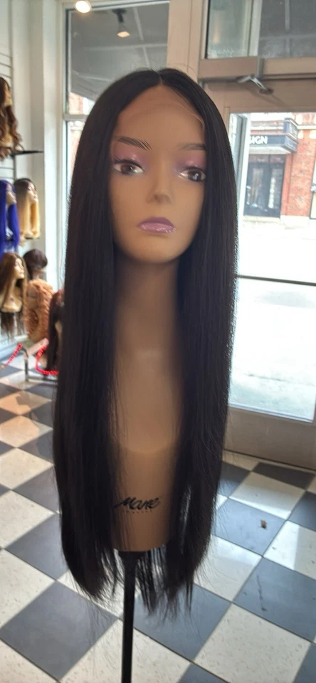 Peluca de encaje negro parte media frontal mezcla cabello humano toma calor Foto 3 de 3