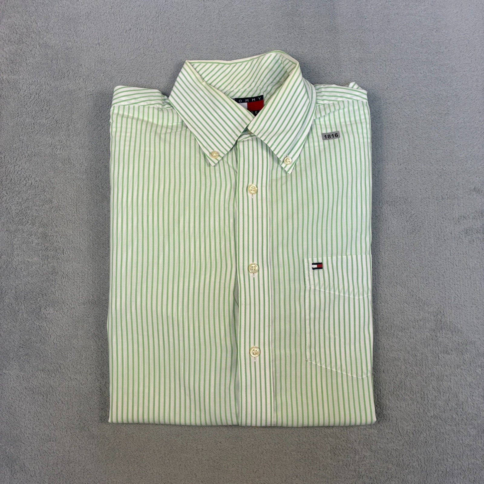 VTG Tommy Hiliger 2000's Green White Stripe Size Medium L/S Button Down Shirt image 8