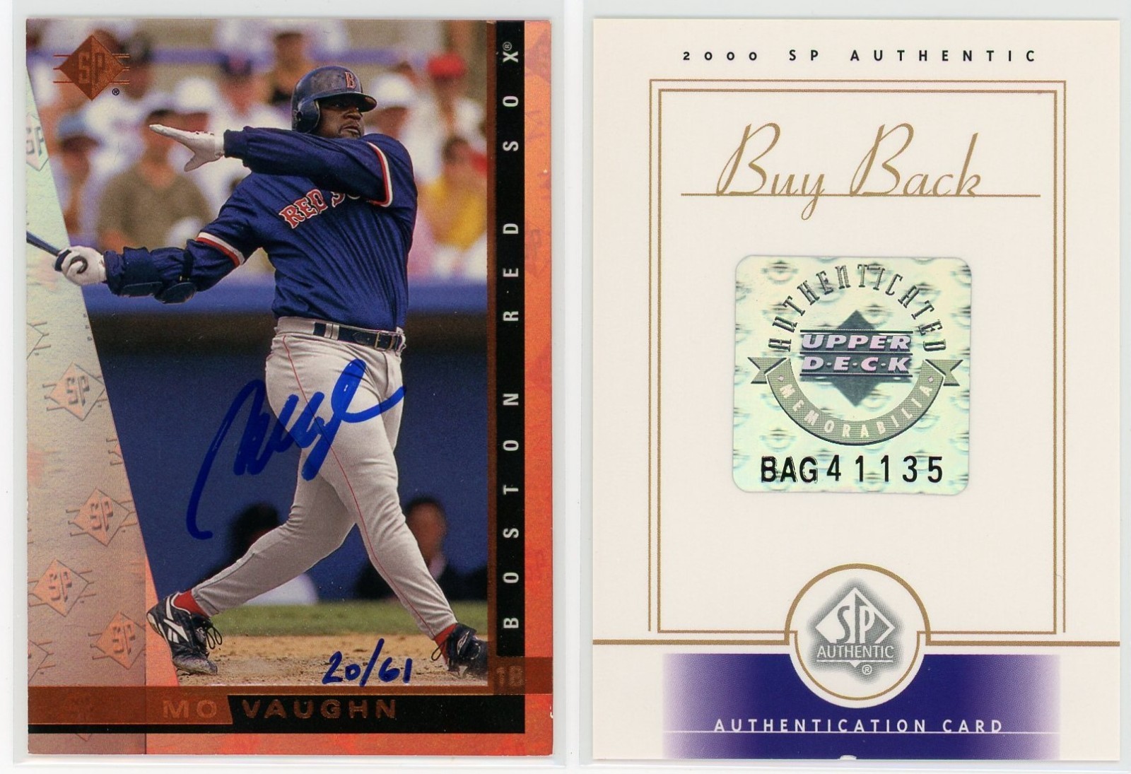2000 SP Authentic Mo Vaughn 1997 SP Buy Back Auto Autograph #d 20/61 Red Sox COA