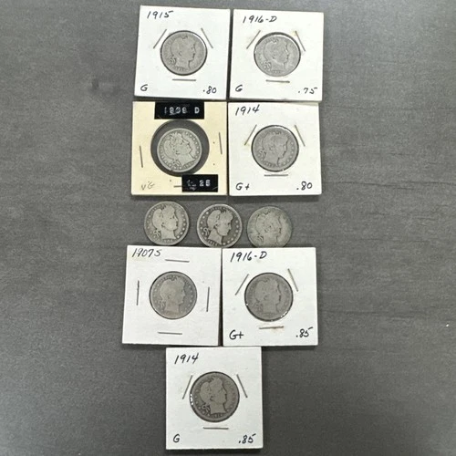 Lot of 10 Barber Quarters 90% Silver Various Years
