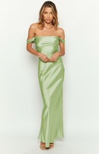 Beginning Boutique Ella Sage green lime Off Shoulder Formal Maxi Dress US 0
