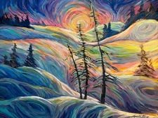 ORIGINAL OIL PAINTING Landscape snowy ski winter MOUNTAIN sunset impressionistic