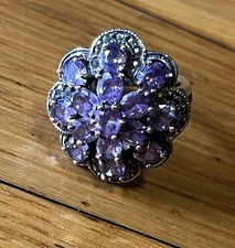 925 Sterling Silver Flower Cluster Amethyst Ring Size 7 Vintage Estate