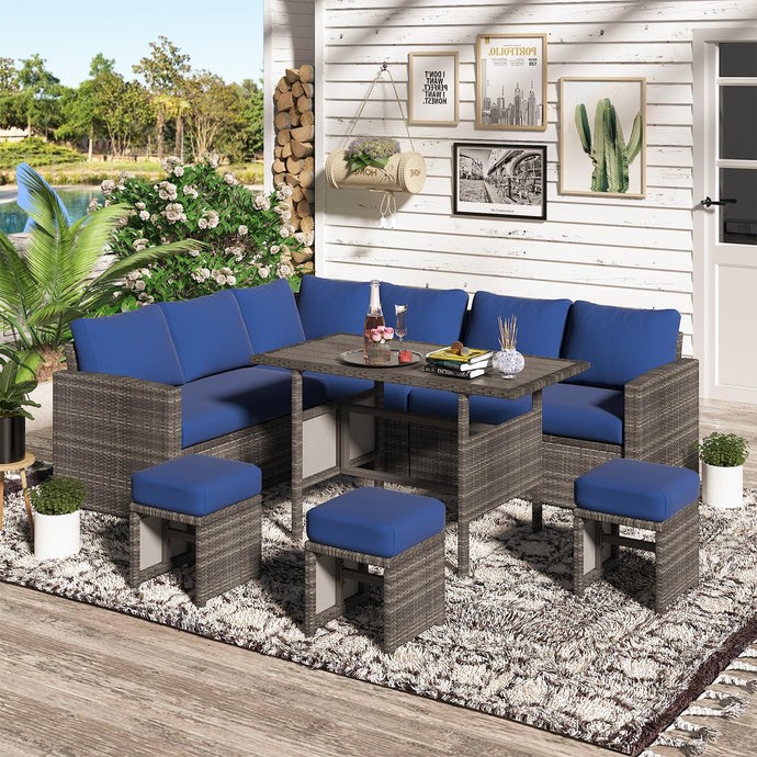 7pc Patio Furniture Set, Outdoor Dining Table&Chairs Wicker Conversation Ottoman