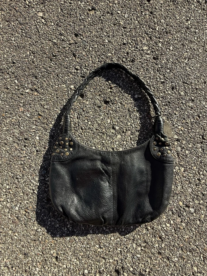 Bolso de Hombro Hobo Negro Tachonado Cuero Genuino Correa Trenzada Boho Rocker 12.5x7 Foto 2 de 4