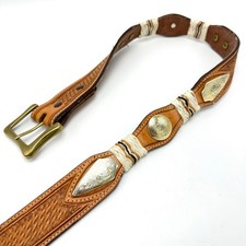 Nocona Western Concho Belt 30 Brown Leather Rawhide Wrap Tooled Basketweave