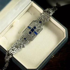 Authentic 8.75Ct Art Deco Lab Created Sapphire Geometric 14K White Gold Plated Bracelet