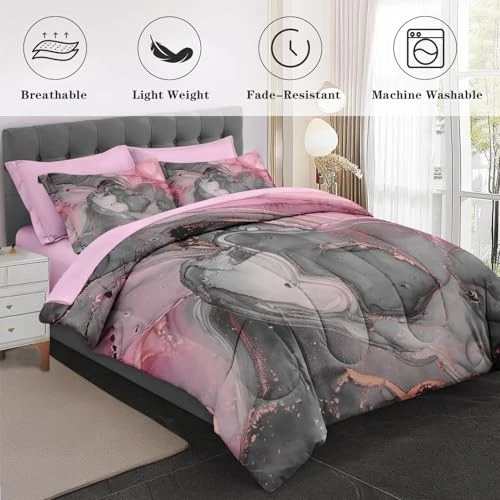 Juego de edredón gris rosa mármol 7 piezas tamaño, arte mármol completo de lujo natural 10 Foto 3 de 4