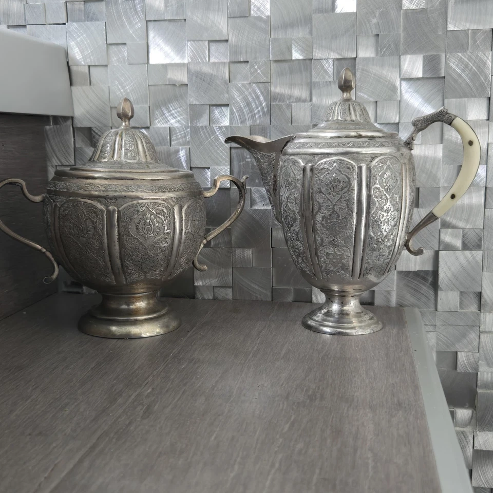 A Beautiful Set Of solid 84 Silver Middle Eastern  Sugar Bowl And Creamer - Image 3 of 4