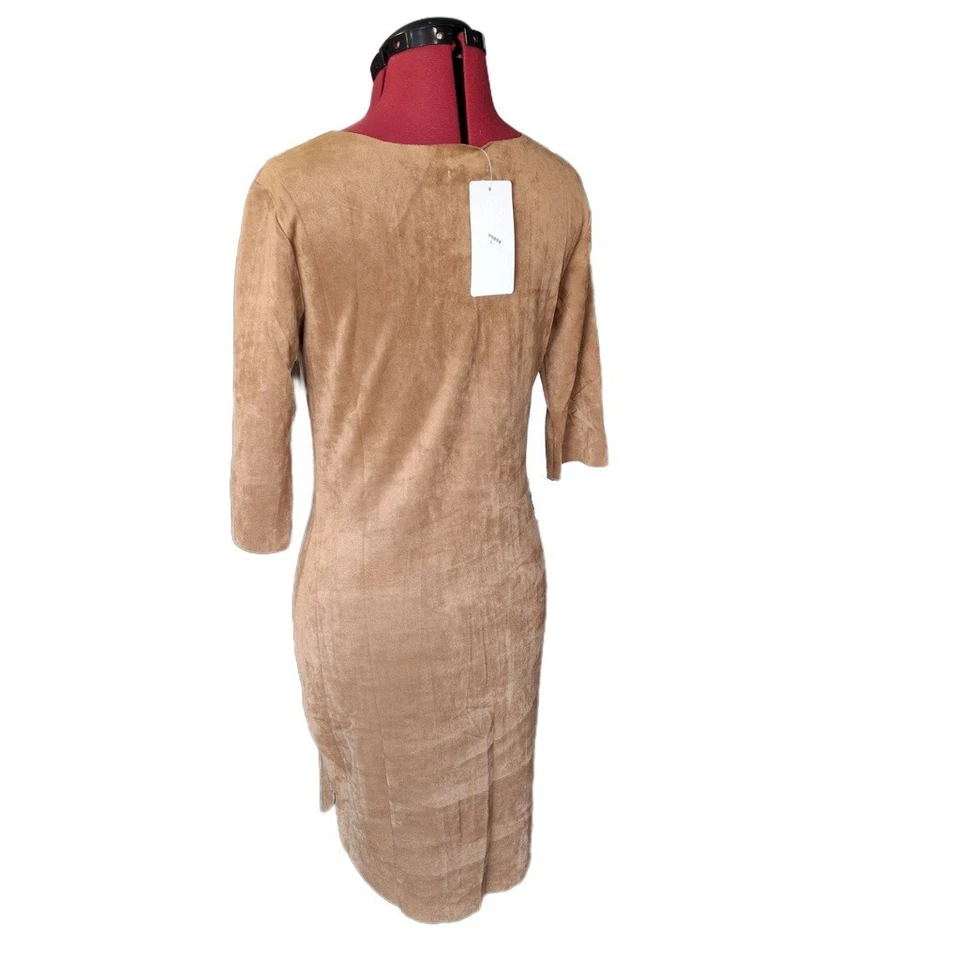 Cherry Koko 3/4 Sleeve Bodycon Dress in Tan Faux Suede – Size Large (8) - Image 3 of 4
