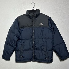 The North Face Boys Youth L Puffer Jacket 600 Goose Down Blue Gray Colorblock