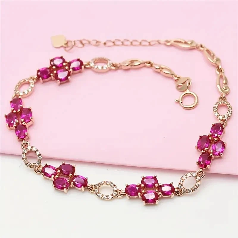 8Ctw Oval Cut Lab Created Pink Ruby Tennis Bracelet 14K Rose Gold Plated Silver - Image 2 of 4