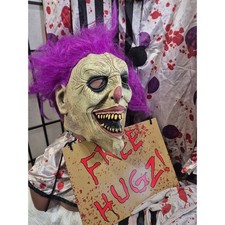 Spirit Halloween Free Hugs Evil Clown Costume XL Scary Mask Gloves Sign Set