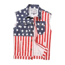 Men's American Flag Denim Vest,Patriotic Button Up 4th of July Large Red-blue