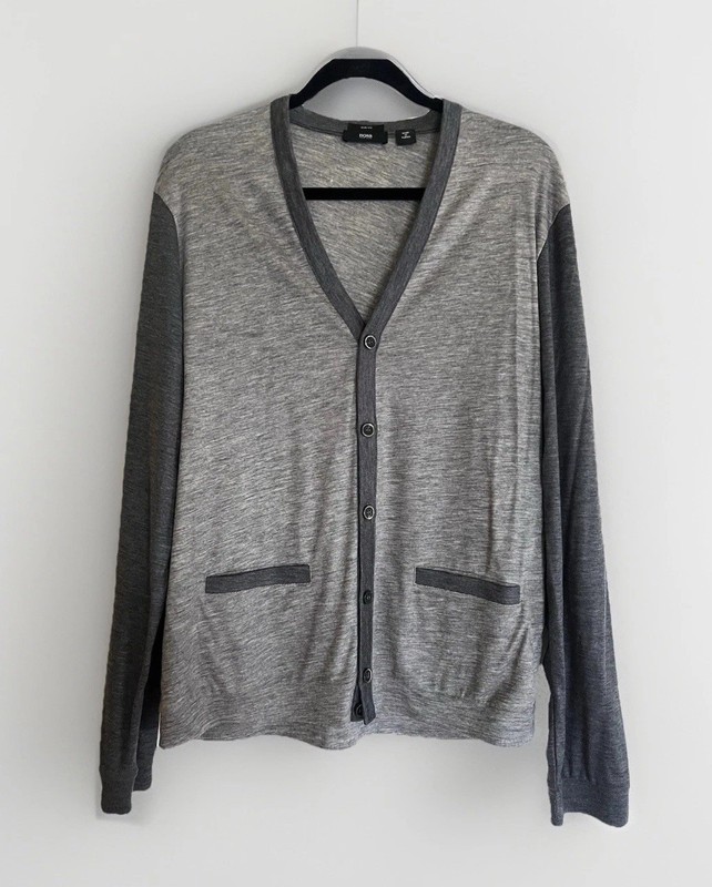 HUGO BOSS Sz XL Slim Fit Gray Contrast Wool Cardigan Button Down Long Sleeve Top