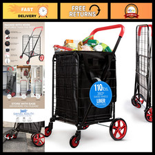 Large Folding Utility Shopping Cart - Heavy Duty, 360  Swivel Wheels, 110 lb Cap