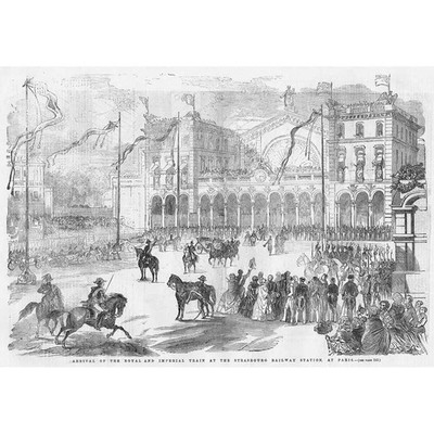 FRANKREICH Ankunft des königlichen Zuges am Bahnhof Straßburg - antiker Druck 1855