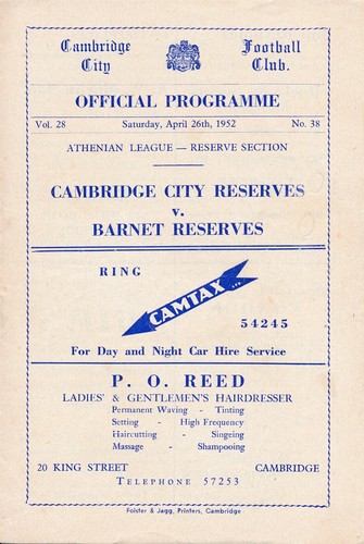 Cambridge City v Barnet (Athenian League Reserves section) 1951/1952