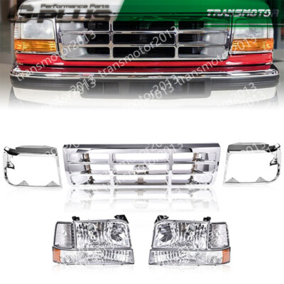 Grille Chrome + Headlights Kit Fit For 1992-1996 Ford F-150 / 1992-1997 F-250