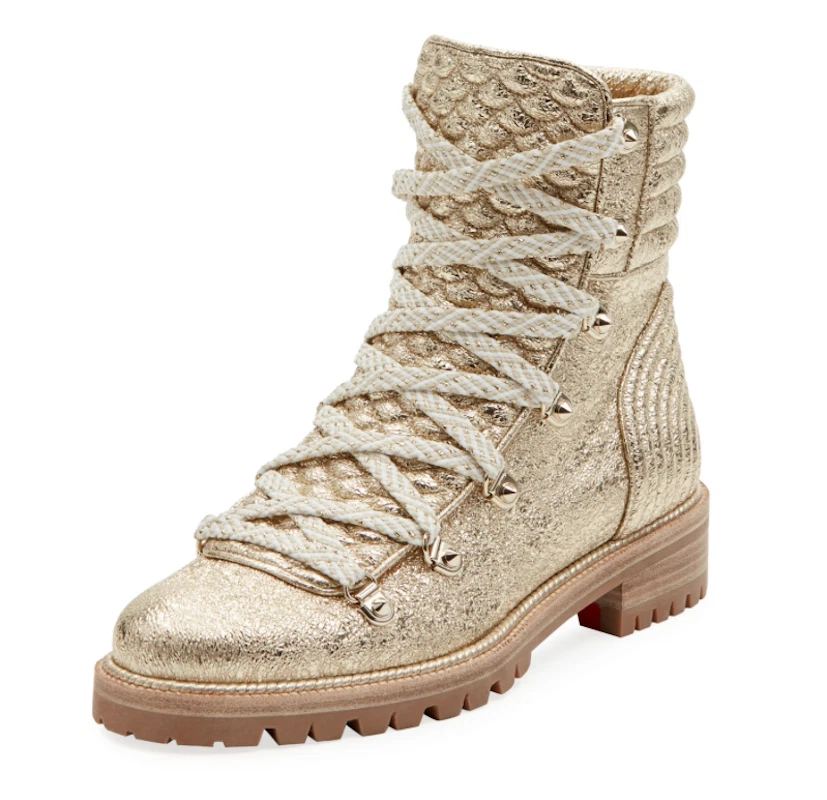 NIB Christian Louboutin Mad Boot Platine Gold Flat Combat Lace