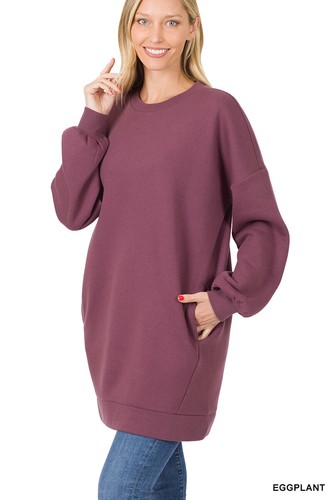 Women Round or V Neck Oversized Long Sweatshirt Loose Warm Fleece Top w/ Pockets - Picture 14 of 32