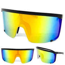 Oversized Modern Retro Shield Style SUN GLASSES Huge Large Black Frame Gold Lens