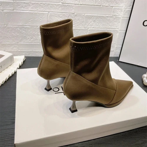 Women High Heels Satin Pointed Toe Autumn Short Boot Thin Heel Stretch Sock Boot - Imagen 7 de 16