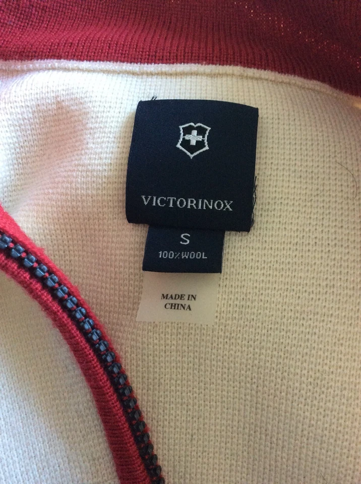 VICTORINOX MEN RED & IVORY WOOL LONG SLEEVE ZIP UP CARDIGAN SWEATER SZ SMALL - Image 4 of 4