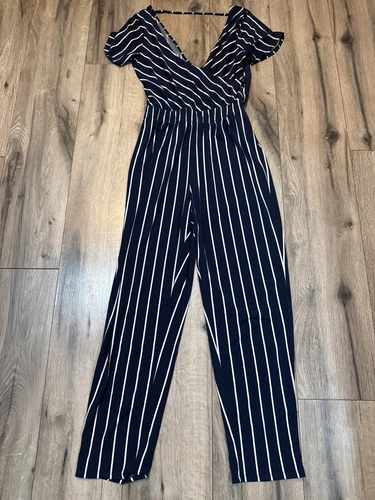 Navy & White Striped Jumpsuit Express XS Short Sleeves V-Neck & Elastic Waist
